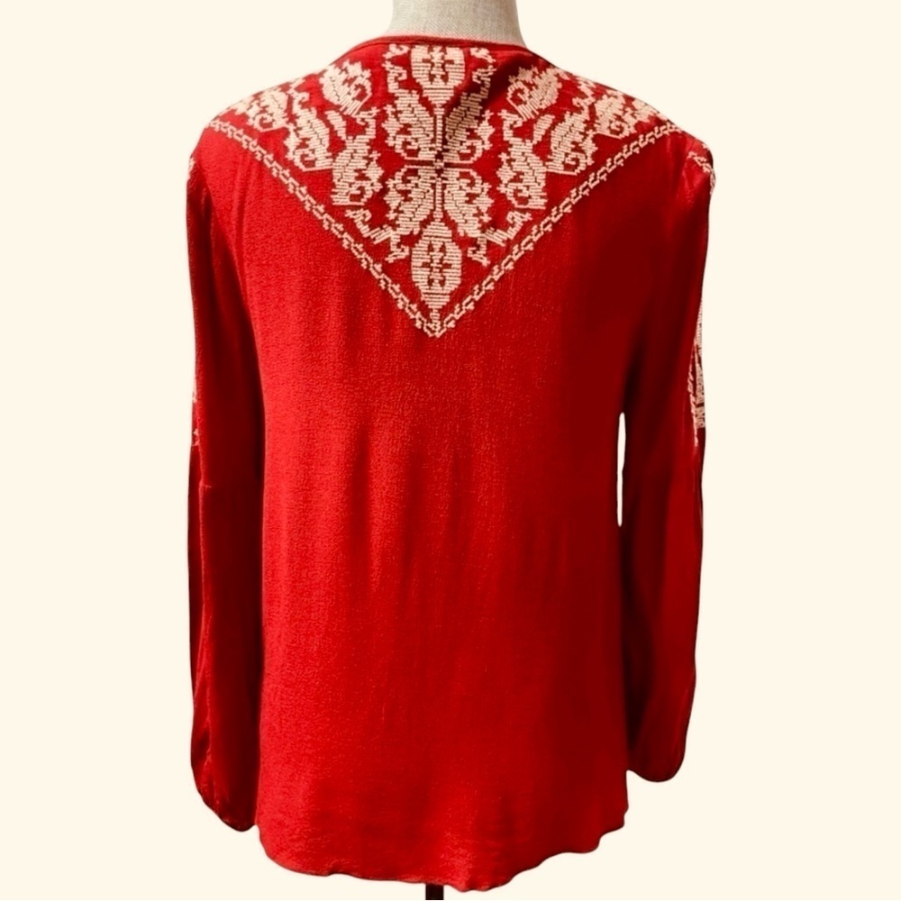 Sugar Lips Red Embroidered Boho Peasant Blouse Tassel Tie Long Sleeve Small - Picture 4 of 12